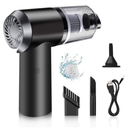 Black handheld vacuum cleaner with attachments on a white background
