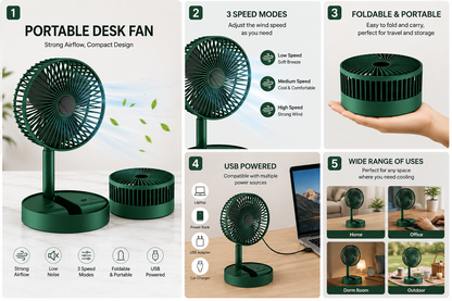 Portable Foldable Desk Fan – USB Rechargeable, Silent & Compact