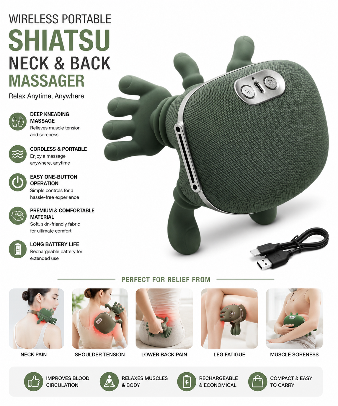 Wireless Portable Shiatsu Neck and Back Massager