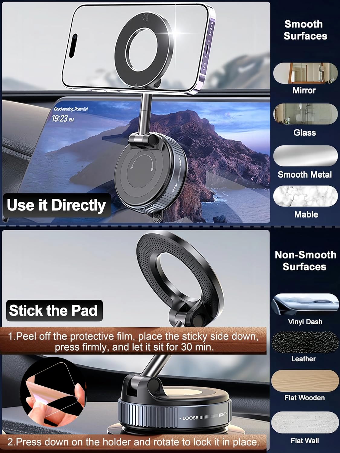 Vaccum Magnetic Phones Holder, Magnetic Car Phone Mount, Hands-Free Suction Cup Phones Holder for Car/Gym/Mirror/Shower, Car Mount Compatible with All Mobile (Extended)